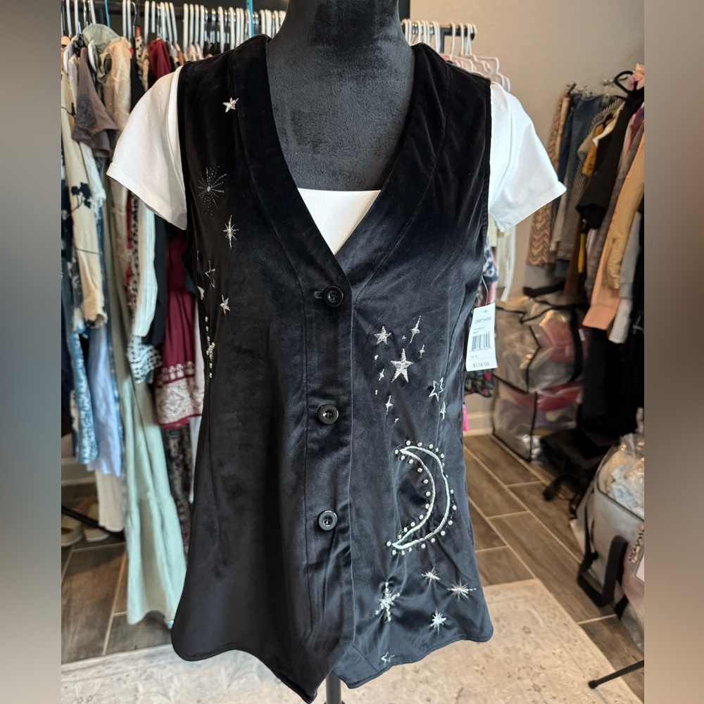 DRIFTWOOD Black velvet vest with moon and starts embroidery and embellishments.